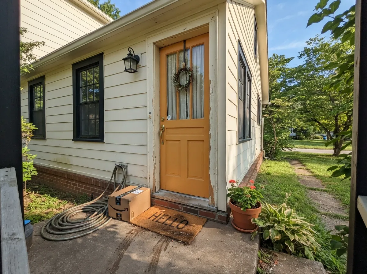 A warm white house and near-black trim give the orange door the contrast it needs to read as a decision, not an accident.