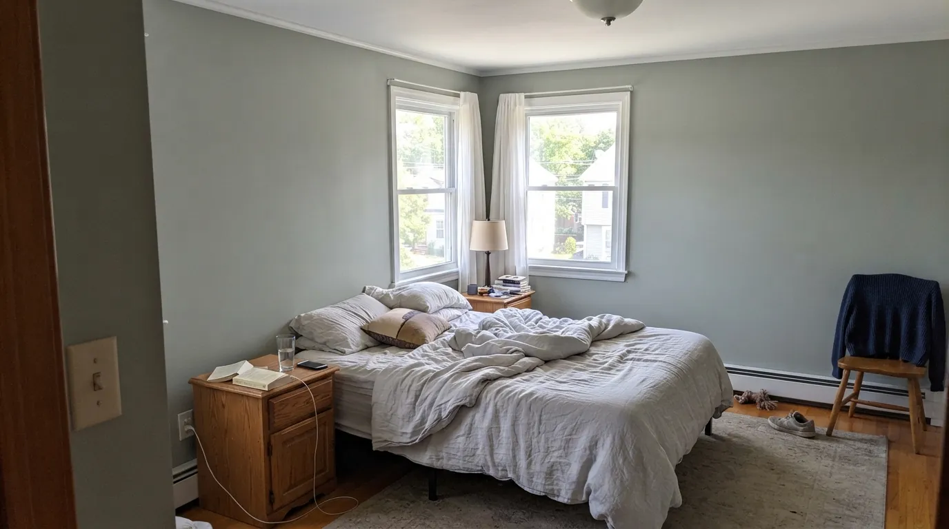 In strong afternoon light Oyster Bay settles into a soft sage — this is the version of the color people fall for.