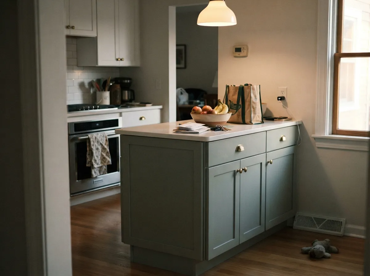 On an island with white uppers and brass pulls, the green stays green — the lowest-risk way to use this color.