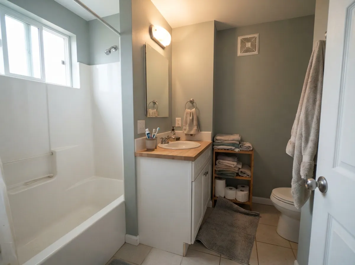 A daylit bath is where it does the spa thing honestly — quiet, cool, and grounded by the wood vanity top.