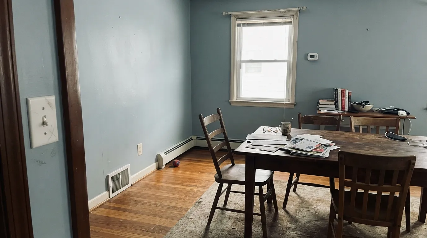 The honest shot: north light, no lamps, beige trim and tan floors — this is the room where people swear the store mixed it wrong.