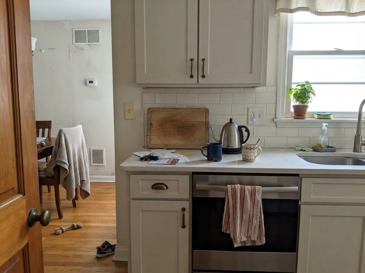 On cabinets in morning light it stays soft and slightly aged next to brass — and hides the fingerprints a bright white would show.