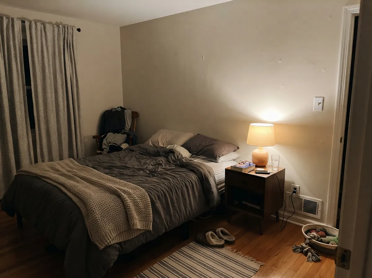 Under 2700K lamps at night the tan comes forward and the room reads cozy rather than pale.