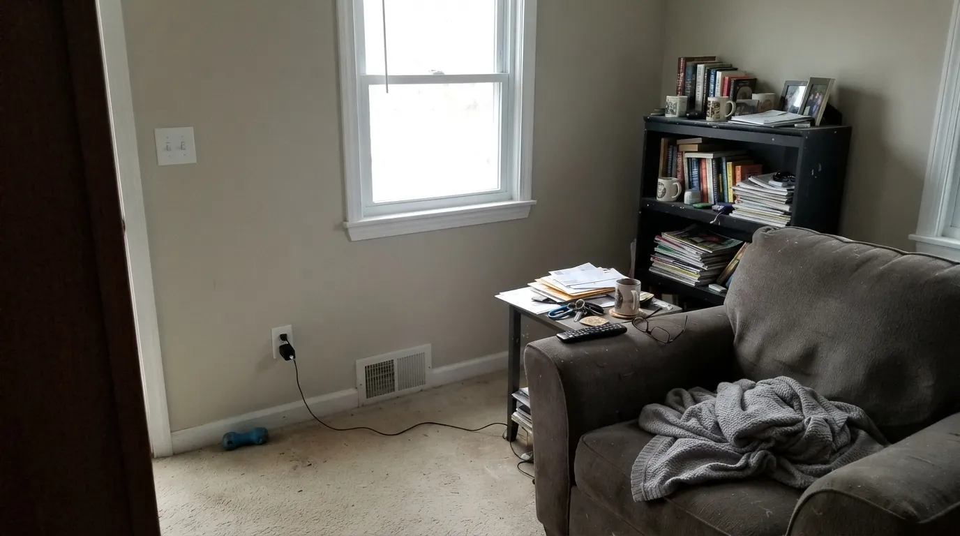 The honest shot: in a dim north room the warmth drains out and Oyster White goes drab and slightly green against bright white trim.