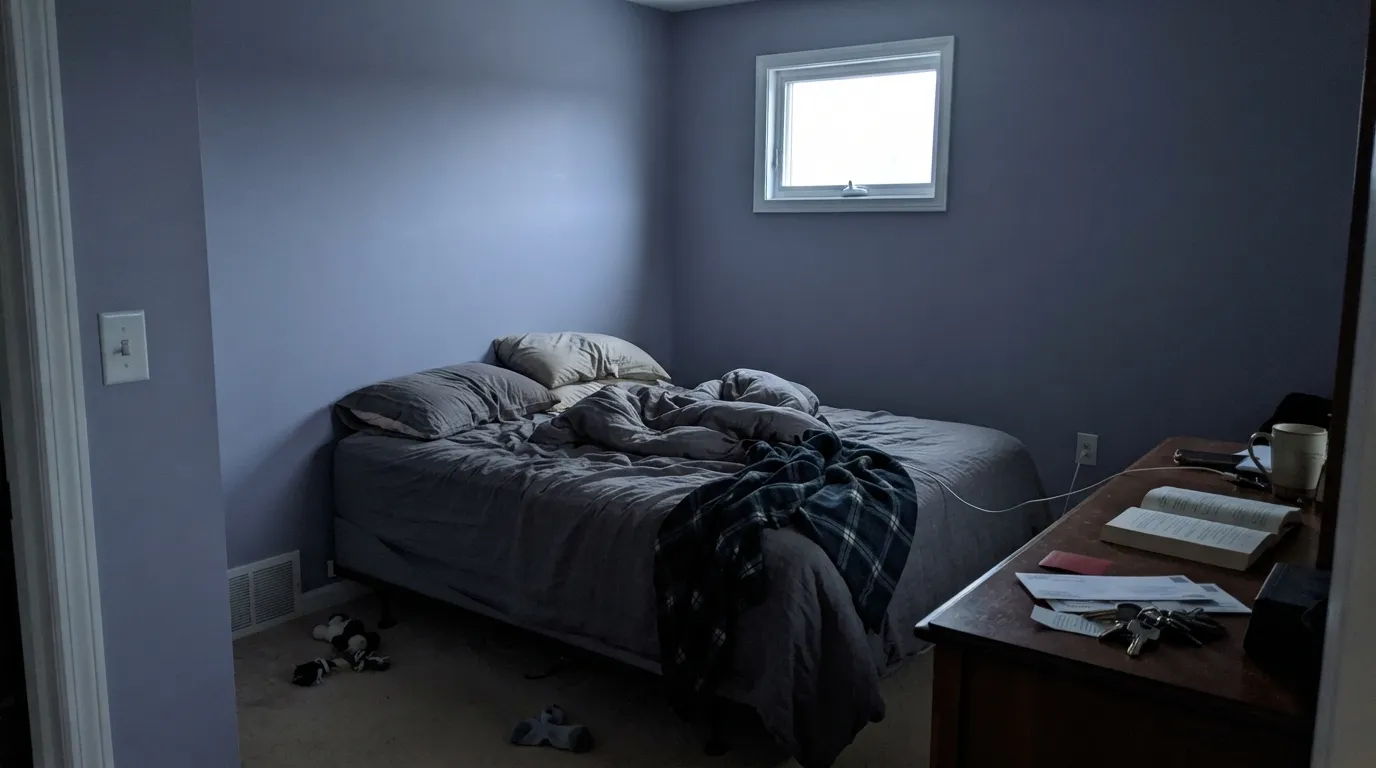 The honest shot: a dim north room with no warm lamps on. The blue-violet comes forward and the wall goes flat and cold — the exact situation behind the "it looked baby blue" reviews.