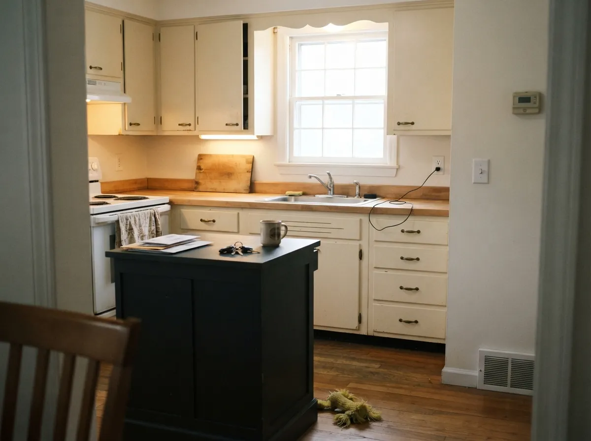 On shaker doors the warmth reads as age rather than color, and the dark island keeps all that cream from going soft.