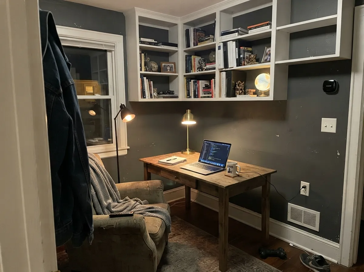 Peppercorn on all four home office walls with white built-ins and lamps lit.