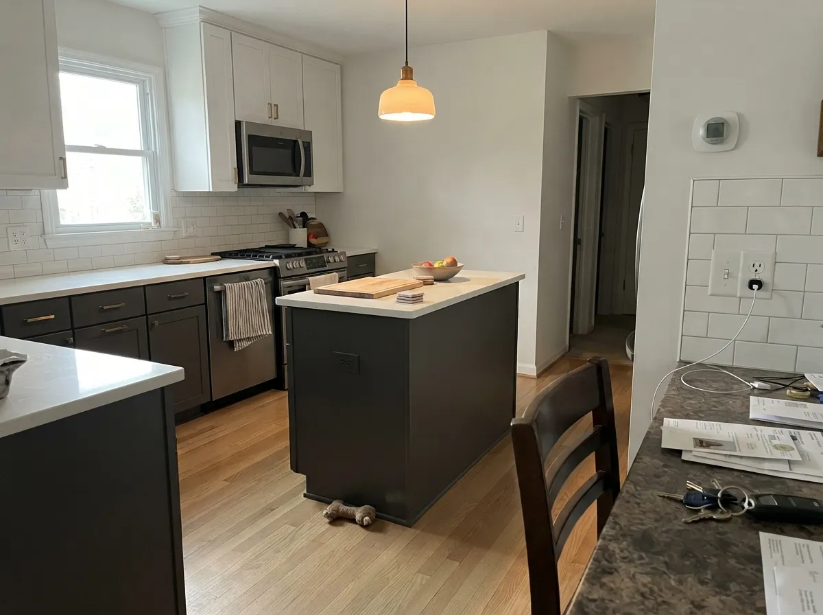 Peppercorn on kitchen island and lower cabinets under a white perimeter with brass pulls.