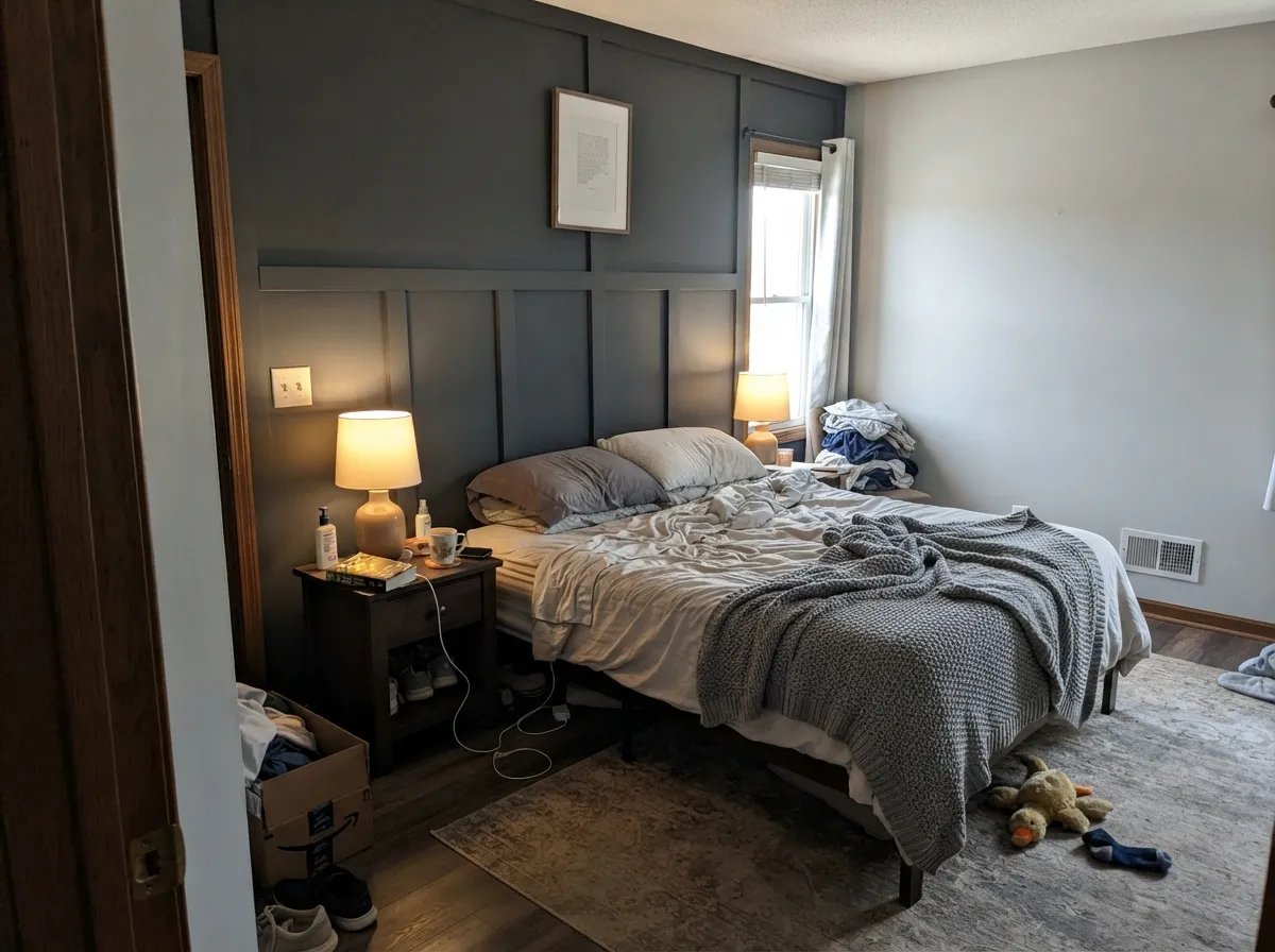 Peppercorn board-and-batten accent wall behind the bed with warm lamp light.