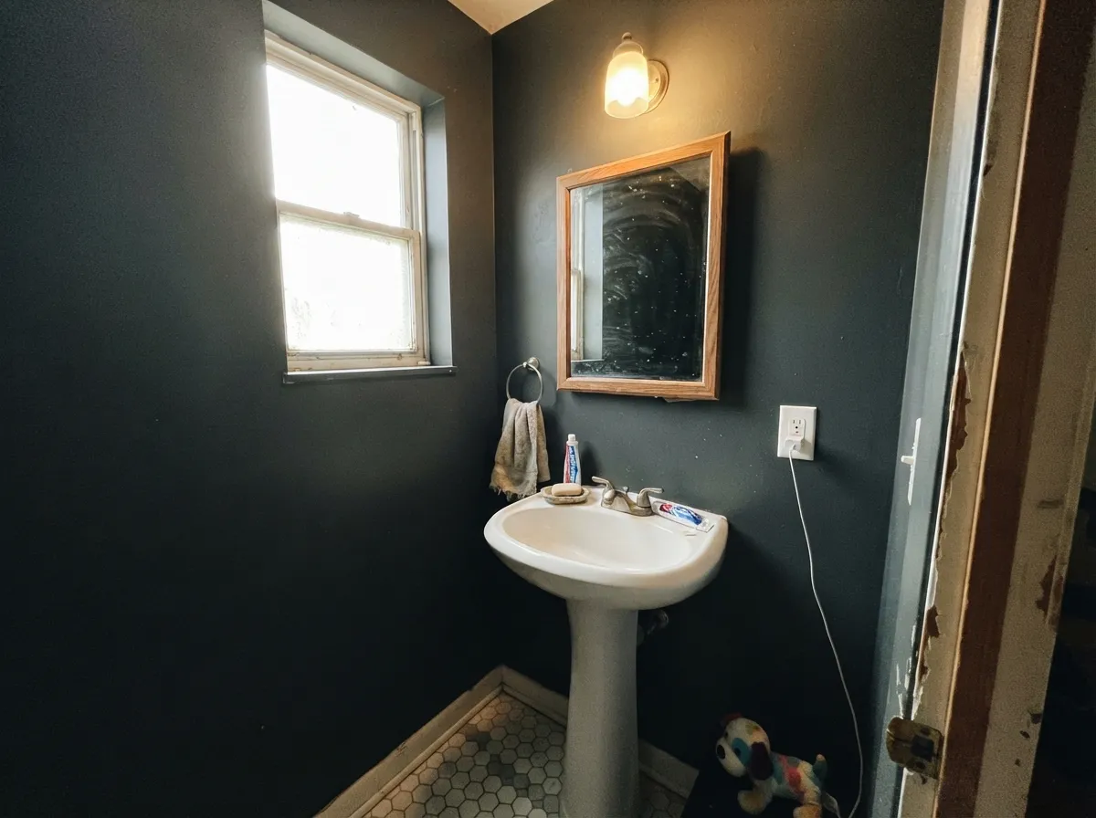 Peppercorn walls in a small powder room lit by a single window.