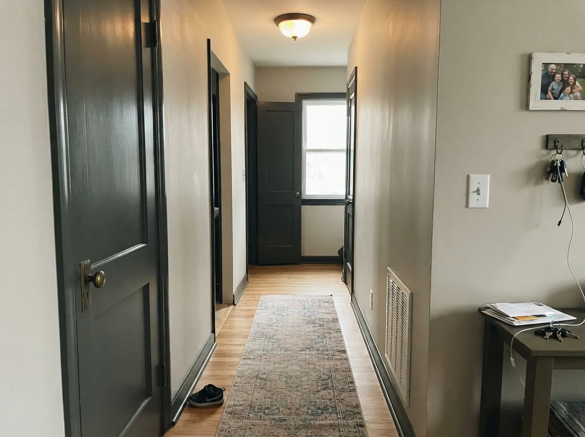 Peppercorn semi-gloss interior doors and trim against light greige walls.