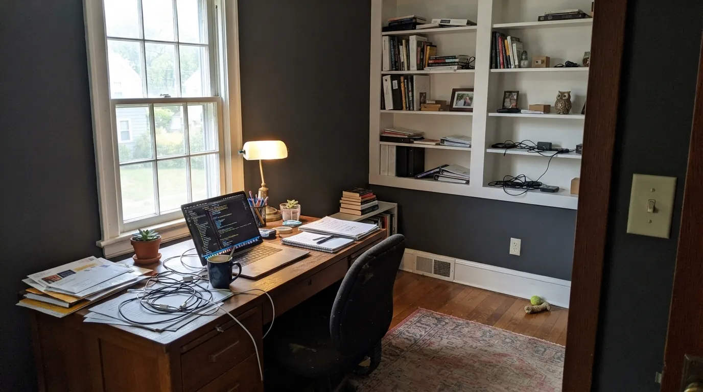 In an office with real afternoon light, Peppercorn stays clearly gray against Pure White shelving instead of collapsing into black.