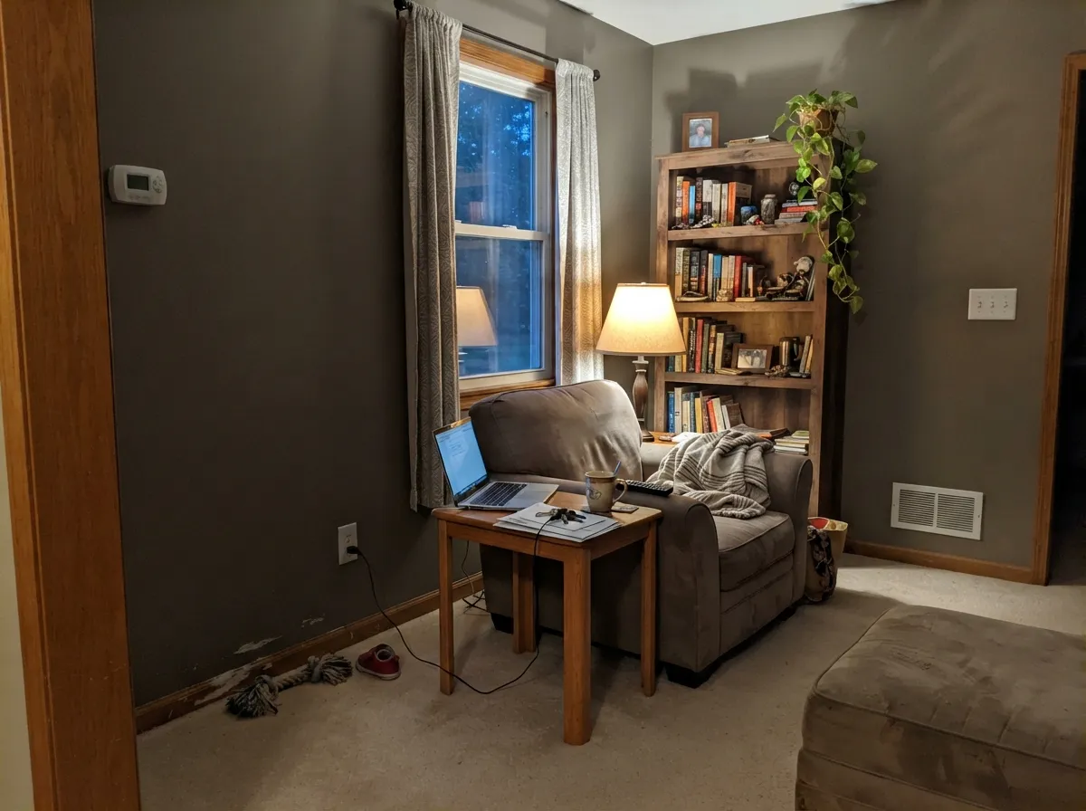 Under lamp light in a low-daylight room, the brown in it comes forward and turns genuinely cozy — its best-kept-secret role.