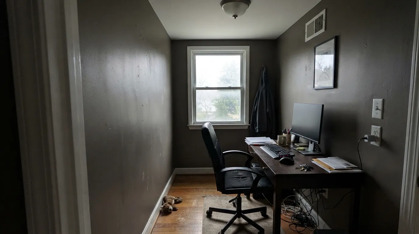 The honest shot: a small, cool-lit room with no warm bulbs. The color that should read rich and warm goes flat and closes the room in — the exact surprise behind most "I thought greige meant light" complaints.