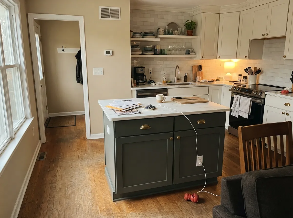 Pewter Green kitchen island and lower cabinets with brass hardware.