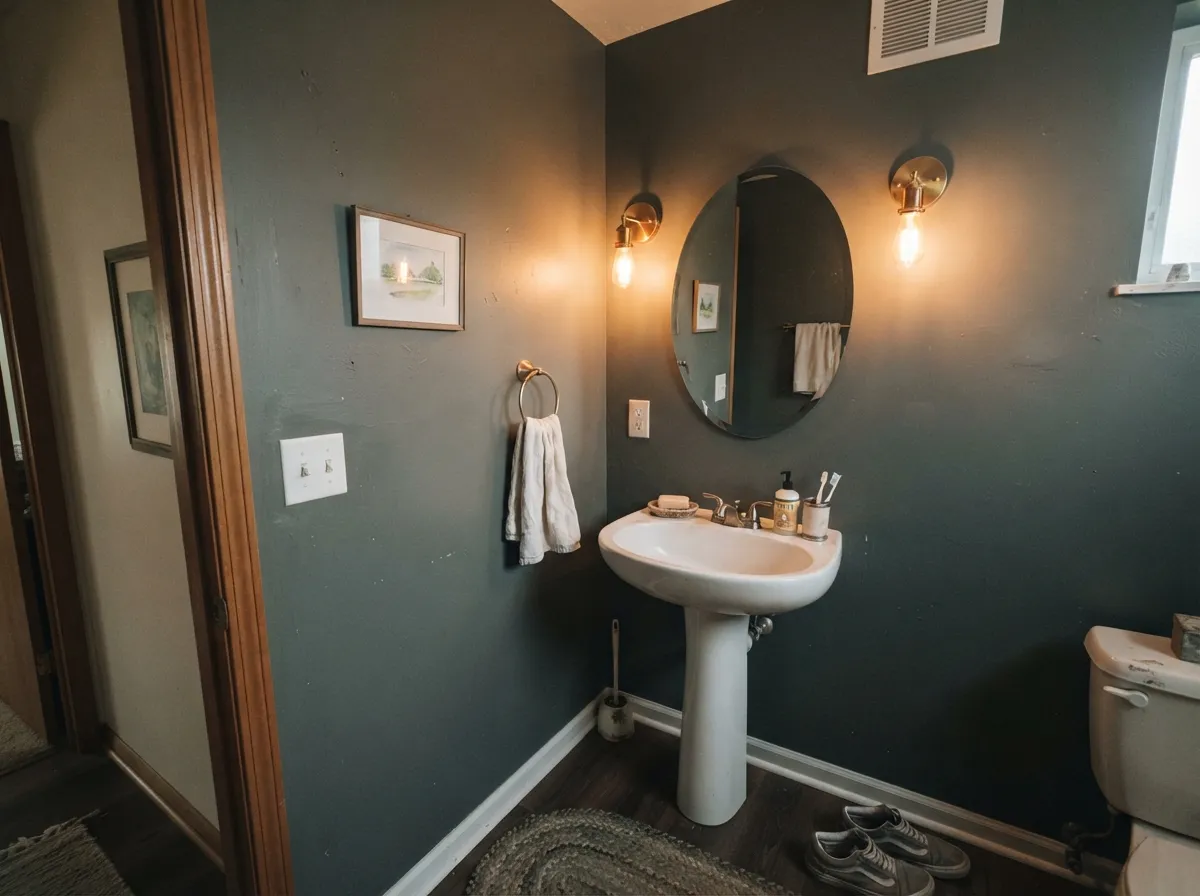 Pewter Green powder room walls lit by warm sconces.