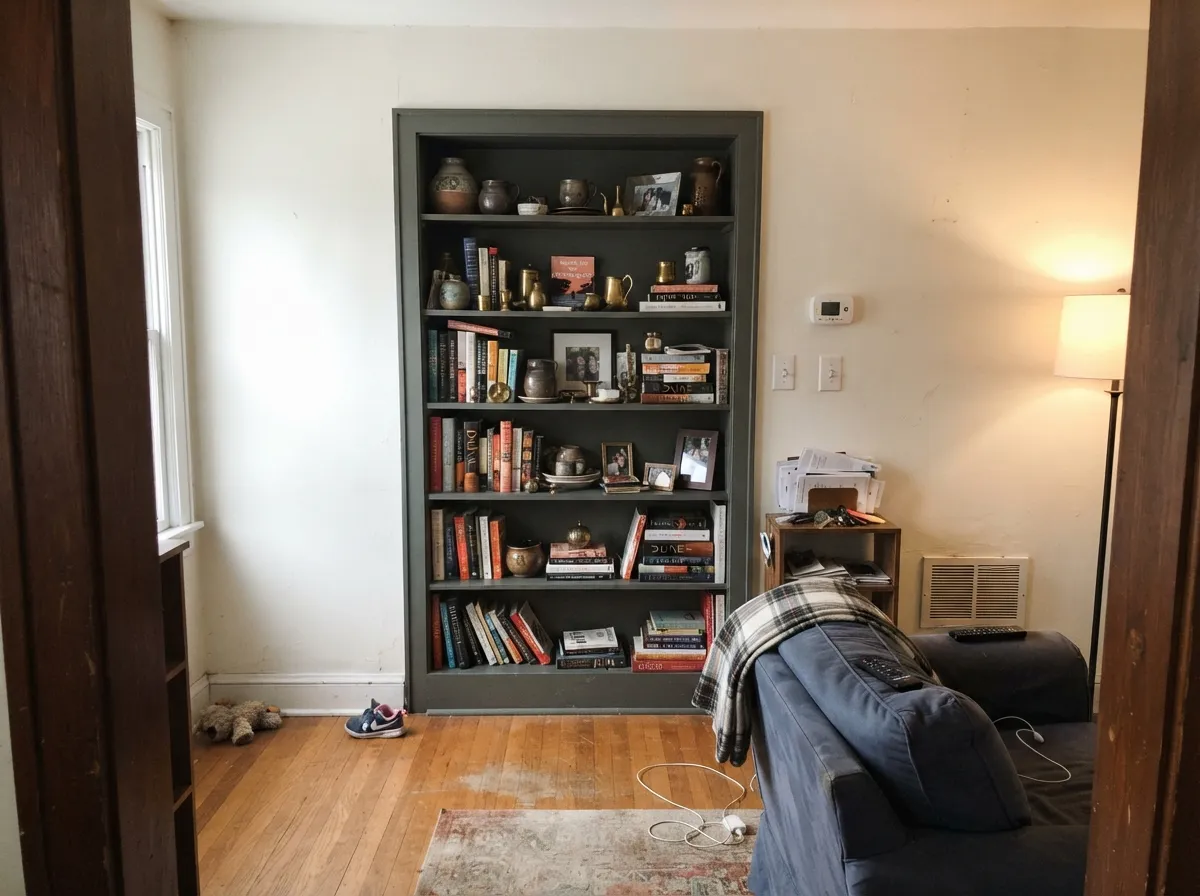 Pewter Green built-in bookshelves styled with books and pottery.