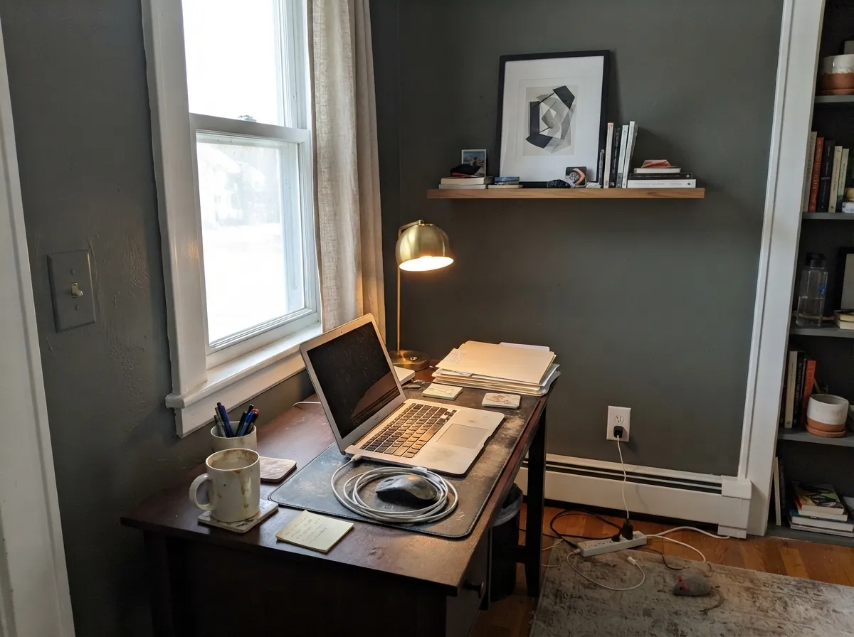 Pewter Green home office walls with daylight and a desk lamp.