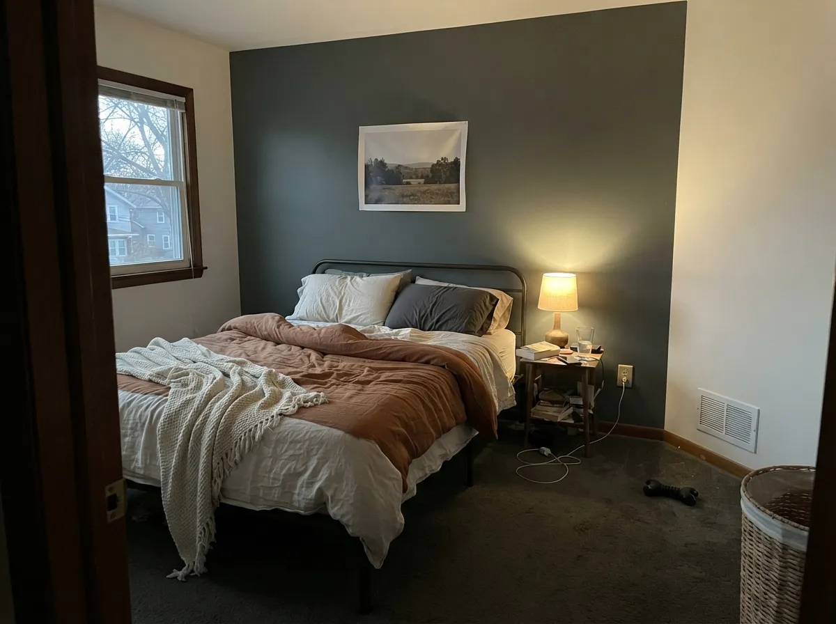 Pewter Green painted behind the headboard as a bedroom accent wall.