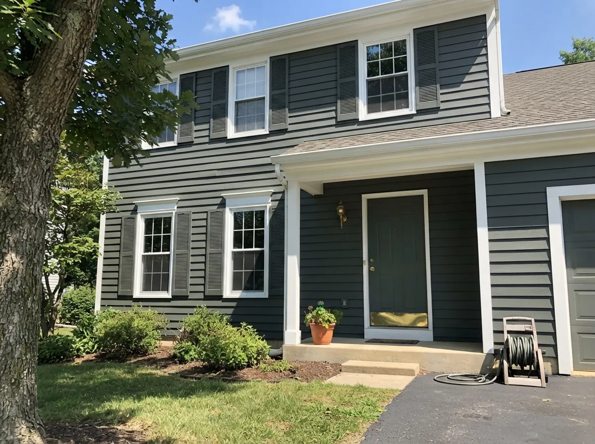 Pewter Green exterior siding and front door in full sun.