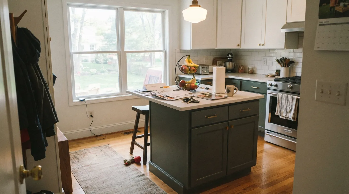 In real afternoon daylight the green finally shows itself against the light uppers — this is Pewter Green at its best, on cabinetry rather than walls.