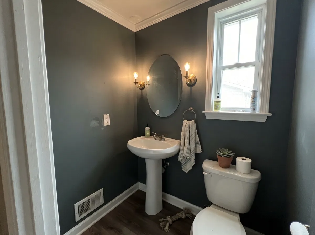 A powder room with a window and warm sconces — the depth reads deliberate and jewel-box rather than dark.