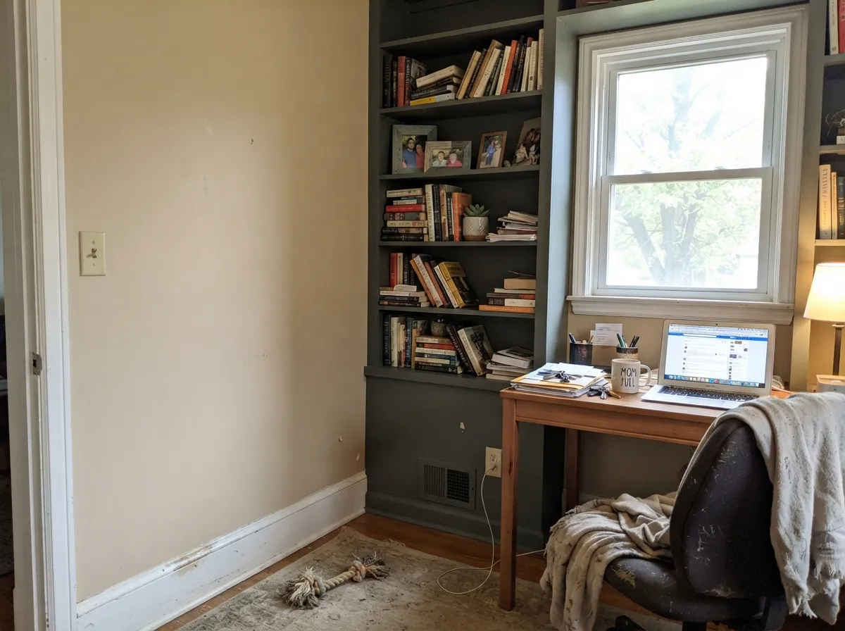 Against warm beige walls in morning light, the built-ins hold their green and make ordinary shelves look styled.