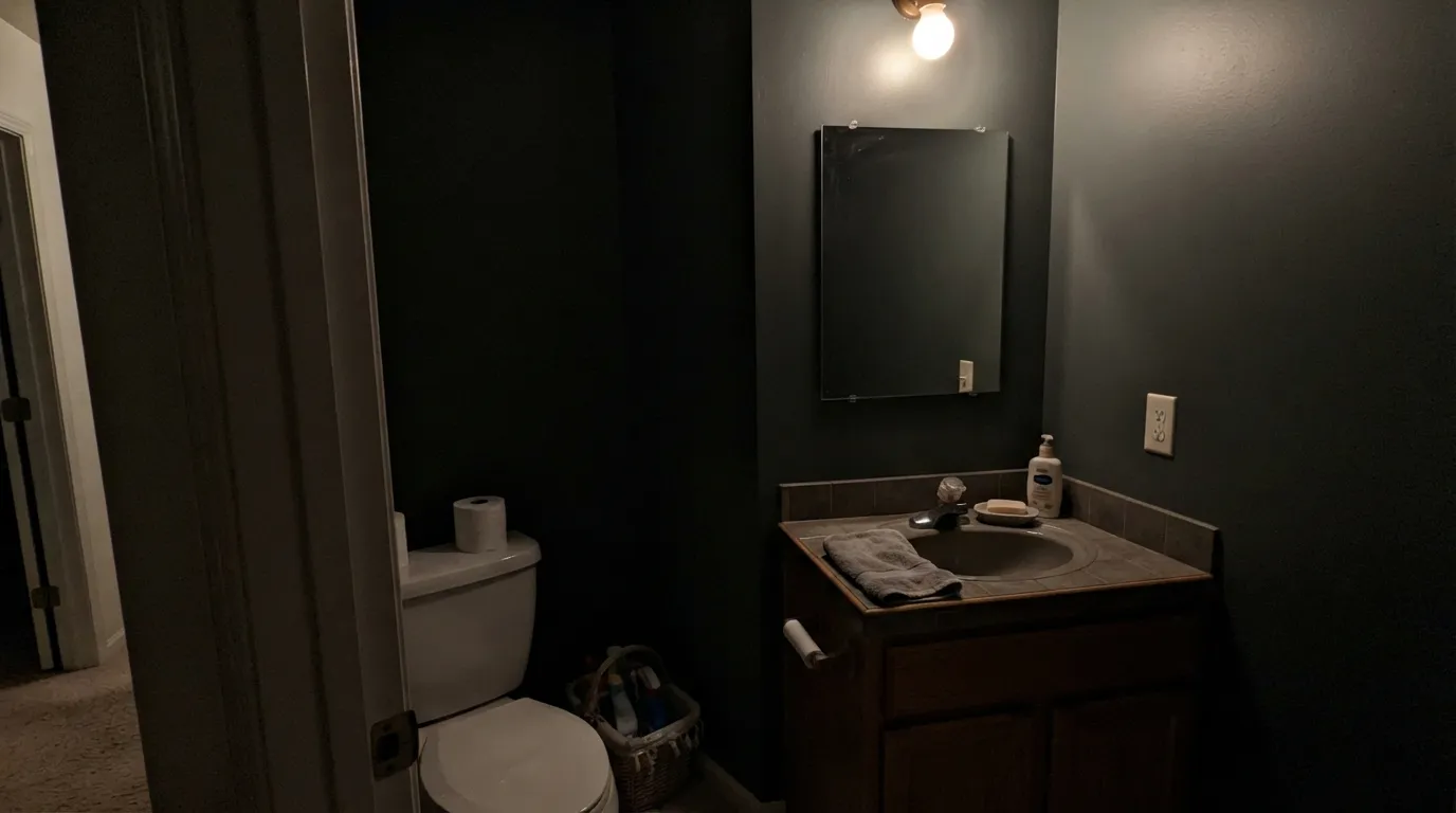 The honest shot: with no window and one weak ceiling light, Pewter Green stops reading as green and turns into a dark box — the exact complaint behind most of its bad reviews.