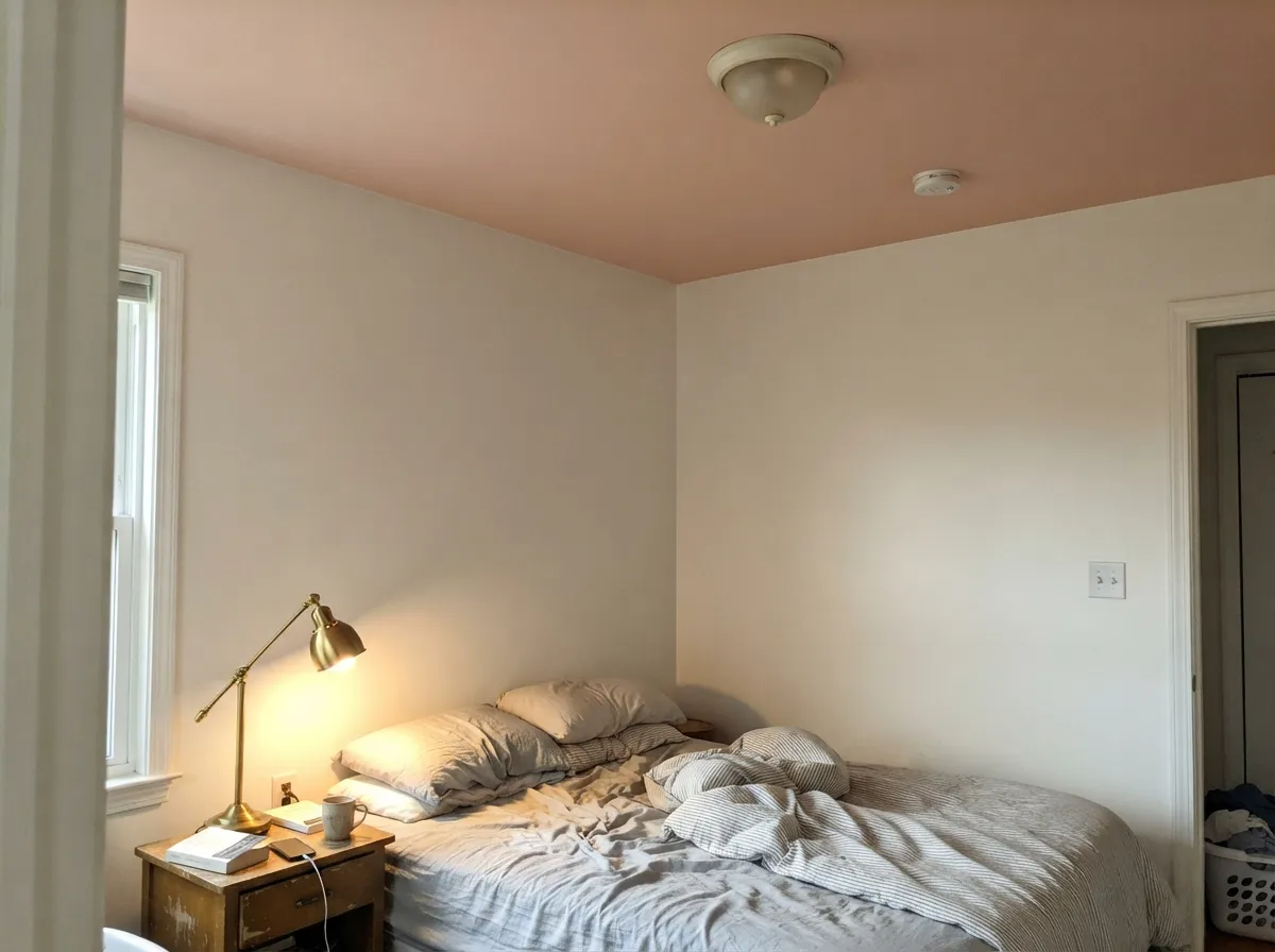 The fifth-wall move: a blush ceiling over warm white walls bounces a faint candlelight cast down over the whole room.