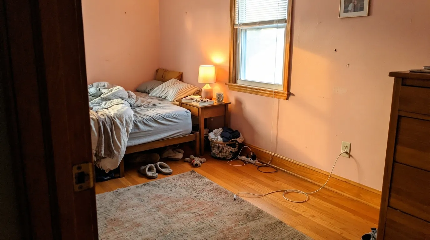 The honest shot: over honey oak floors in west afternoon sun, the peach in Pink Shadow amplifies the orange in the wood and the walls go salmon.