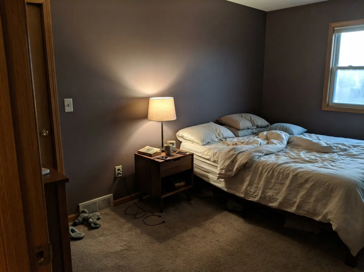 Under a warm 2700K lamp at dusk, the walls settle into a grounded, complex neutral — brown-leaning, not purple.