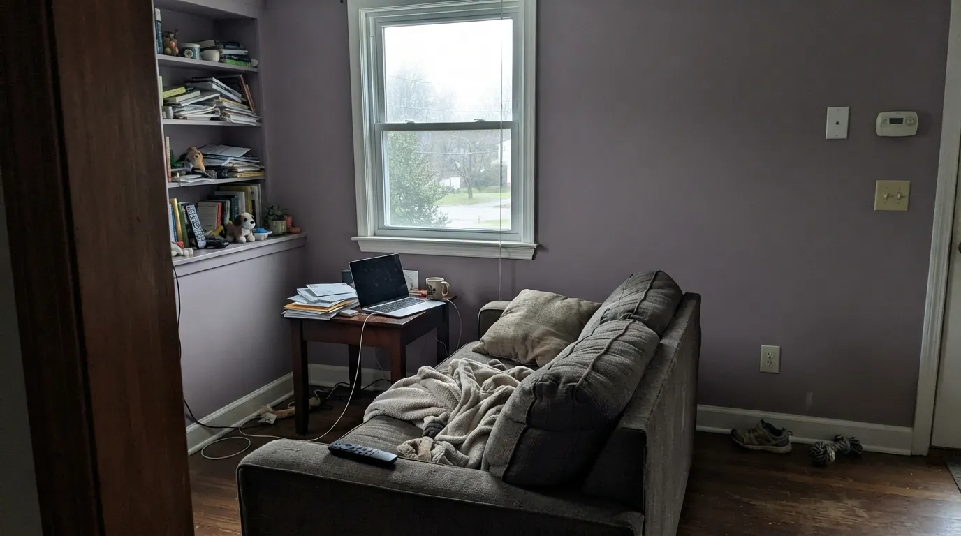 The honest shot: cool north light with no lamps drains the brown and leaves the violet-gray underneath — the exact situation behind the "it looks purple" complaints.