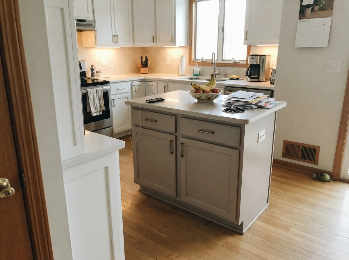 On an island with oak floors and brass hardware, the clay warmth reads deliberate, not accidental.