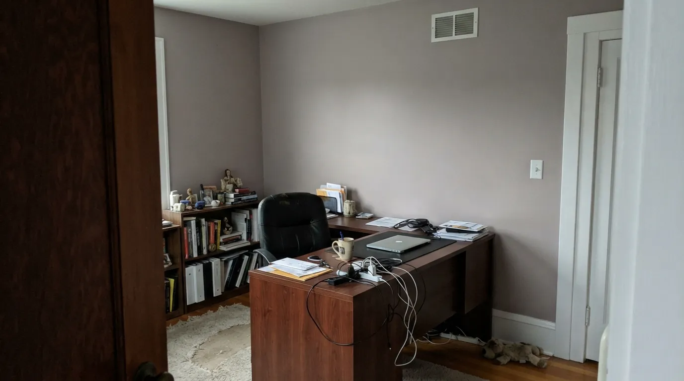 The honest shot: cool north light plus an icy-white door casing, and the clay base tips visibly pink-violet — the exact combination behind the "is this purple?" reviews.