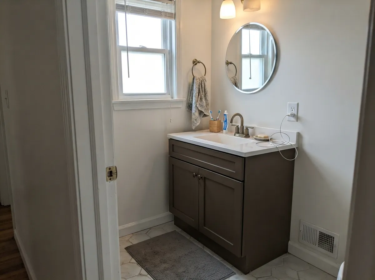 With a real window nearby, a Porpoise vanity reads polished rather than heavy.