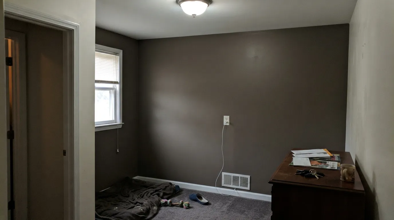 The honest shot: under one weak overhead bulb and no real daylight, the bronze drops out and Porpoise goes flat, muddy gray — the exact setup behind the color's low-light complaints.
