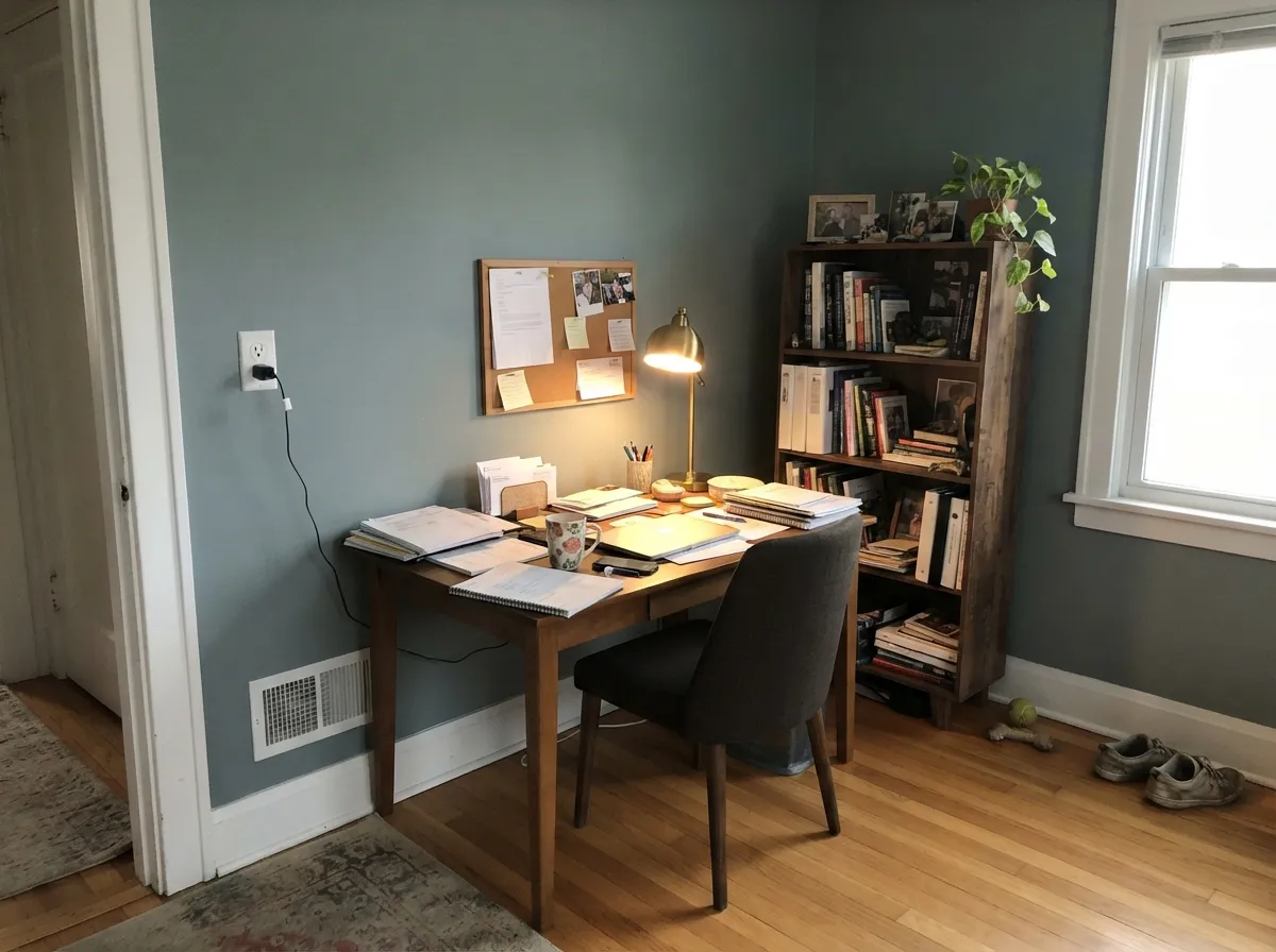 In west light with walnut and brass, the color settles into a deep, confident slate-teal — its natural home.