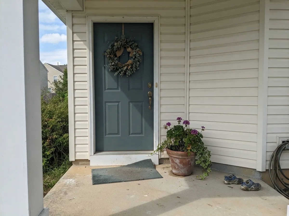 As a front door against a warm white body, Portsmouth reads confidently teal-charcoal in full daylight.