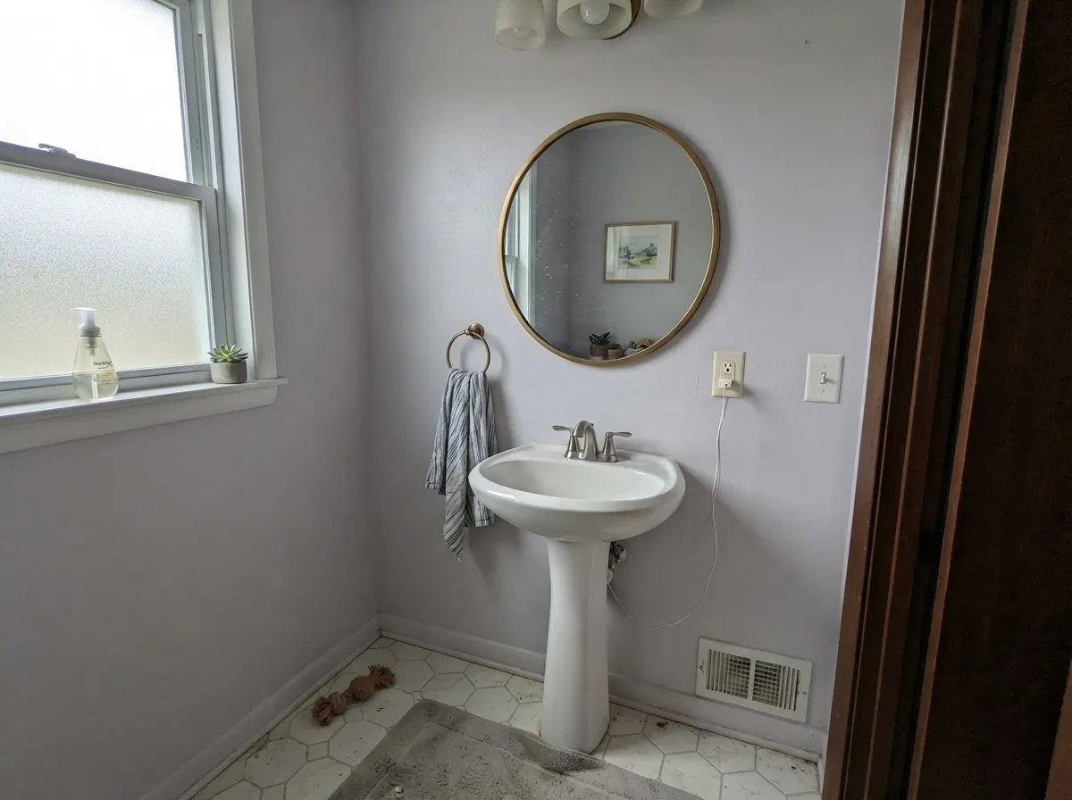 In a small, enclosed powder room the pale lavender feels custom and deliberate — the classic small-room use for a color this subtle.