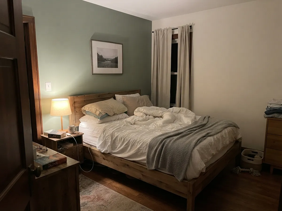 Pure White bedroom walls with a muted green accent wall, lit by warm lamplight.