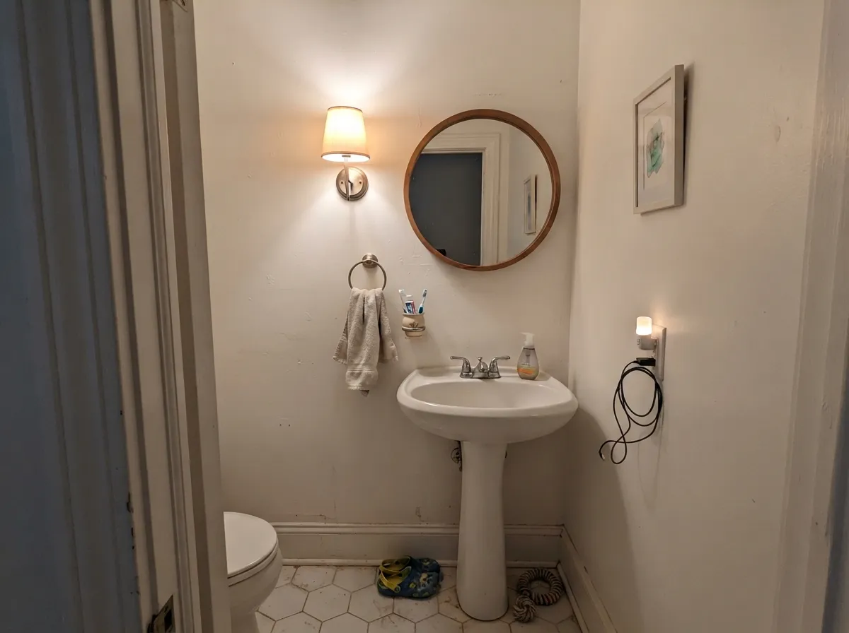 Pure White walls in a windowless powder room lit by a single sconce.