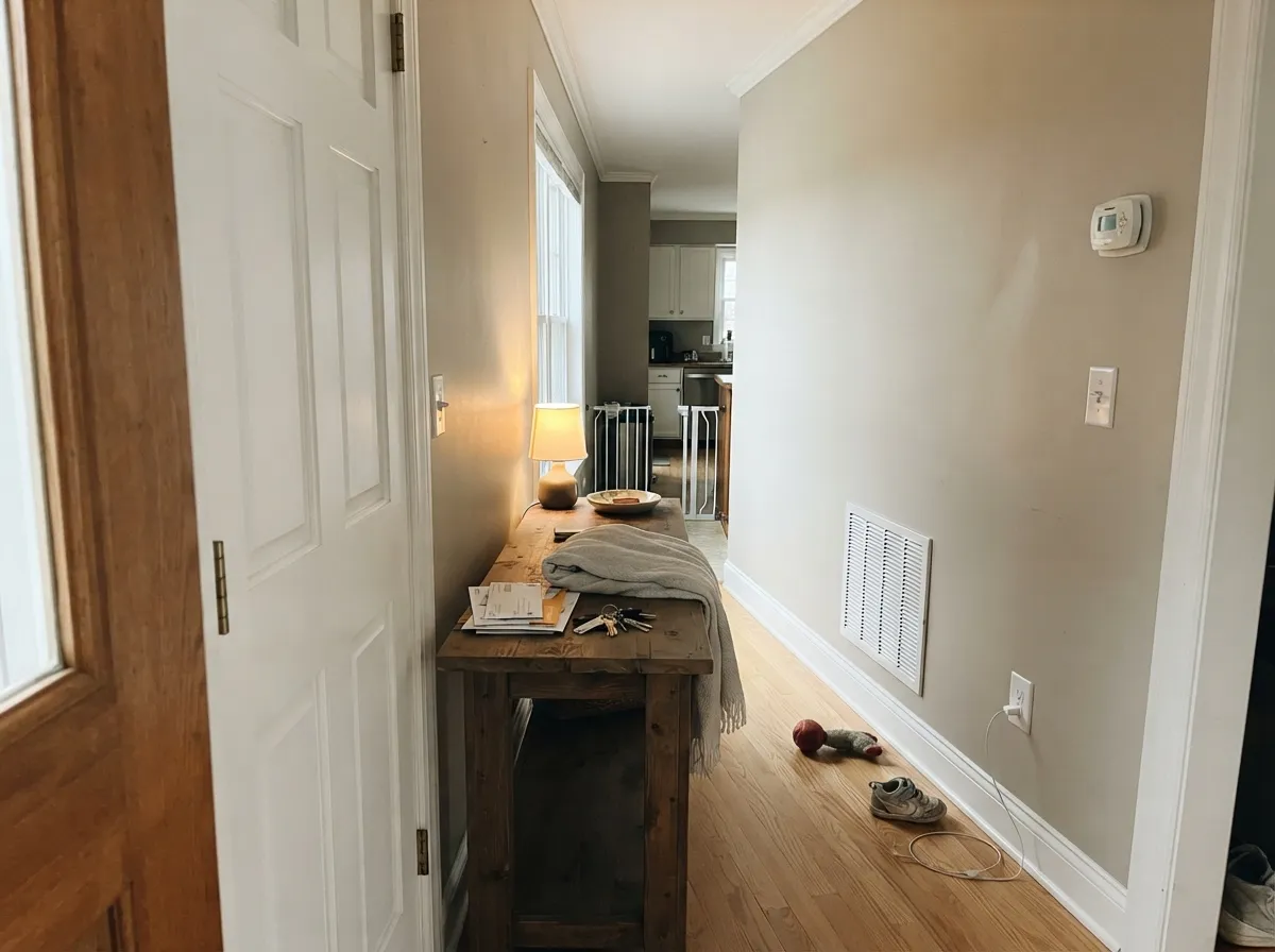 Pure White semi-gloss trim and flat ceiling against greige walls.