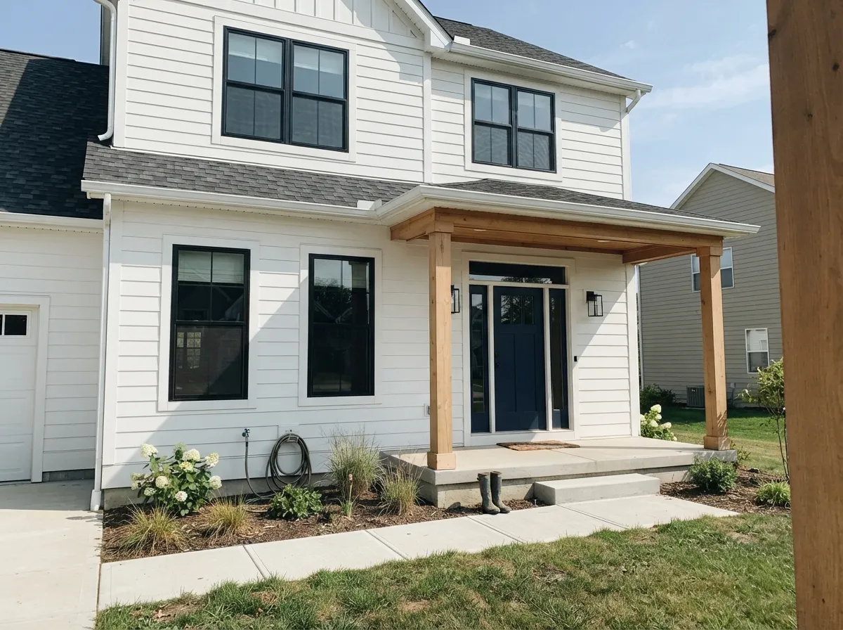 Pure White exterior siding with black windows and wood accents in full sun.