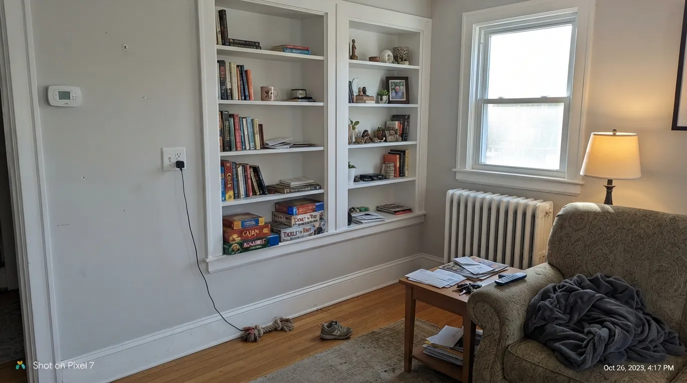 Pure White on trim and built-ins against Repose Gray walls — crisp without the blue chill of a true bright white.