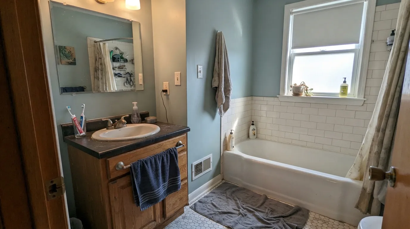 In real south-facing daylight Quietude shows its green side — soft and sage against Pure White trim, not blue.