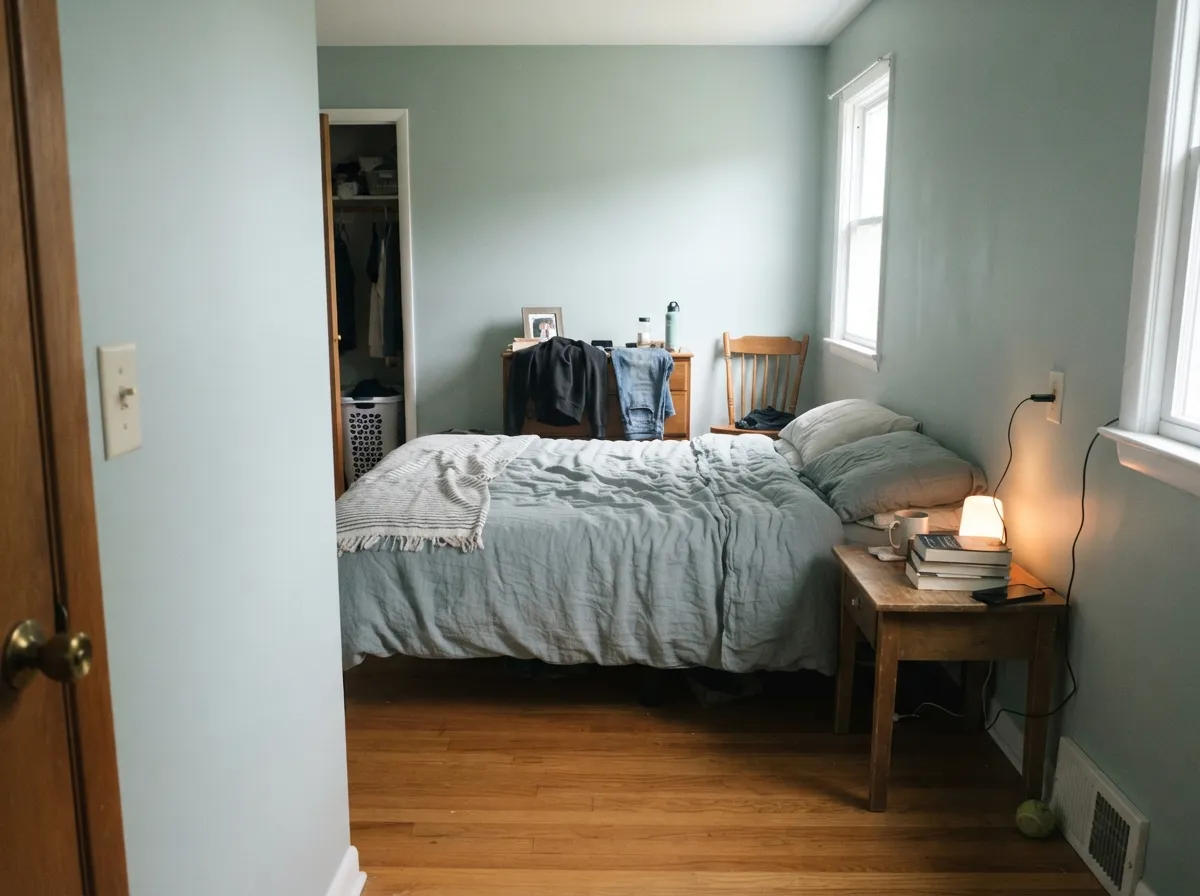 At LRV 41 the walls hold their color into the corners — calm, but clearly a color, not a pale neutral.