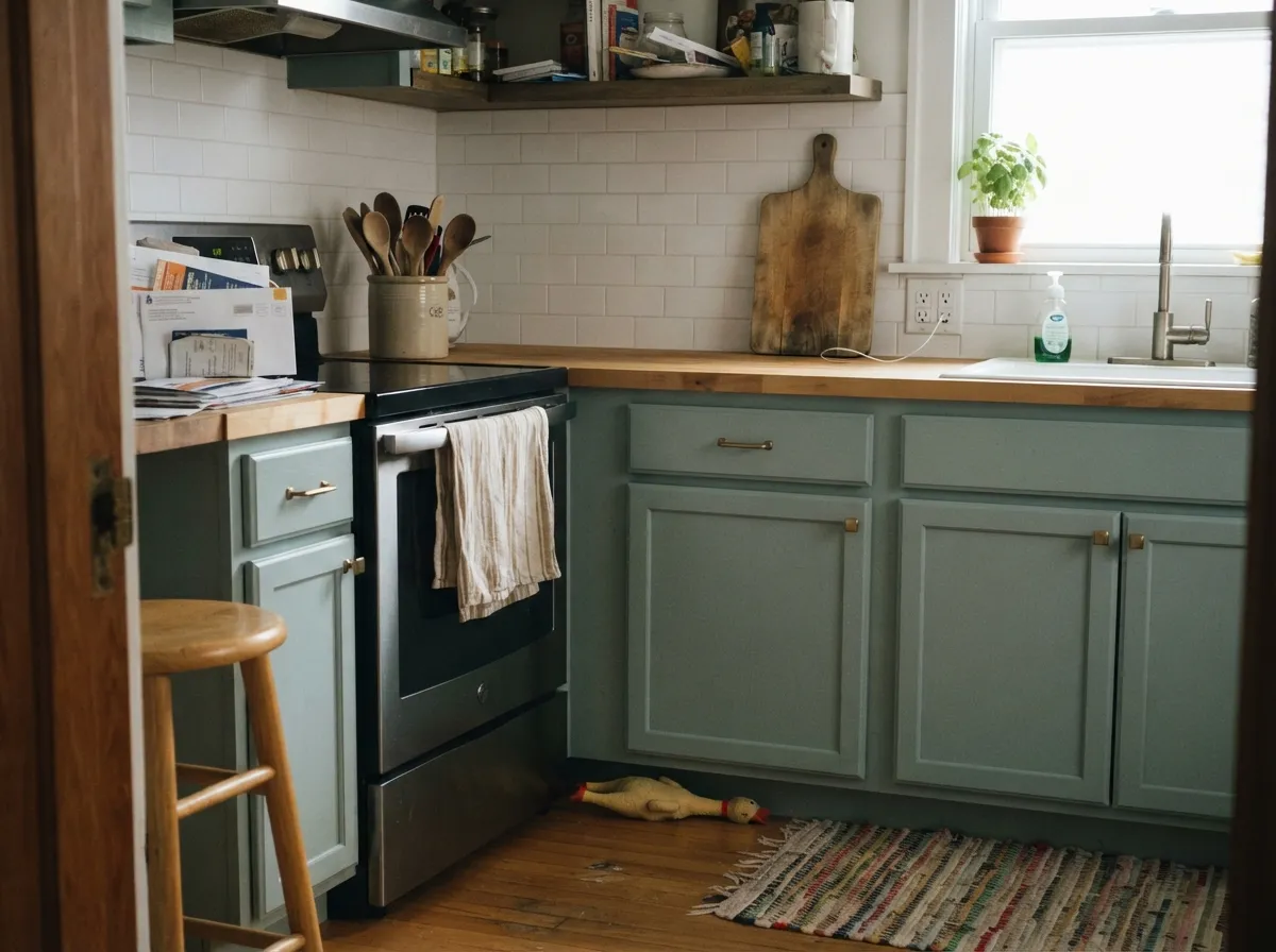 On cabinets in satin the color lands a step lighter than the chip — green-gray depth without a green kitchen.