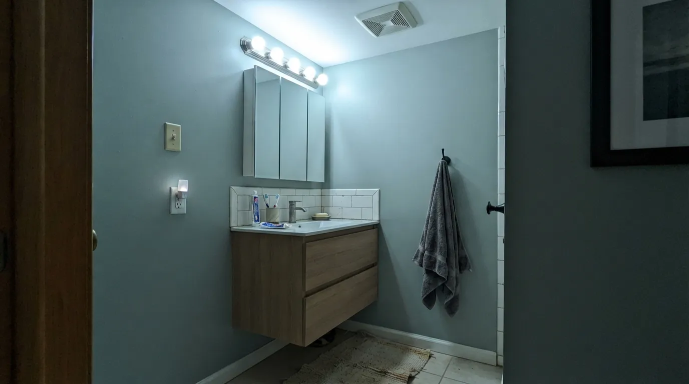 The honest shot: under cool LEDs with no daylight, the sage disappears and Quietude goes cold blue — the complaint people post most.