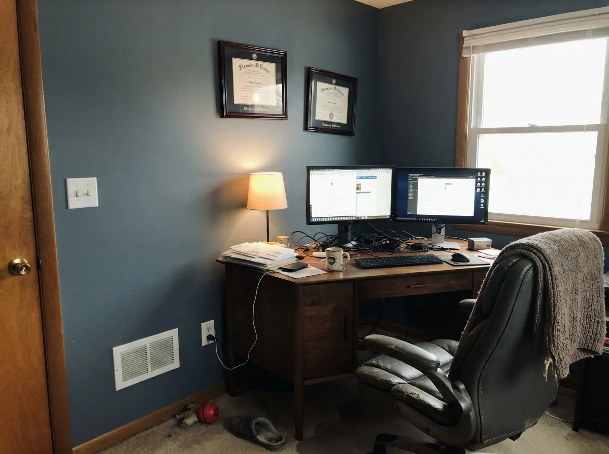 Afternoon west light gives the walls real depth — a moody office color, not just a dark one, when the sun cooperates.