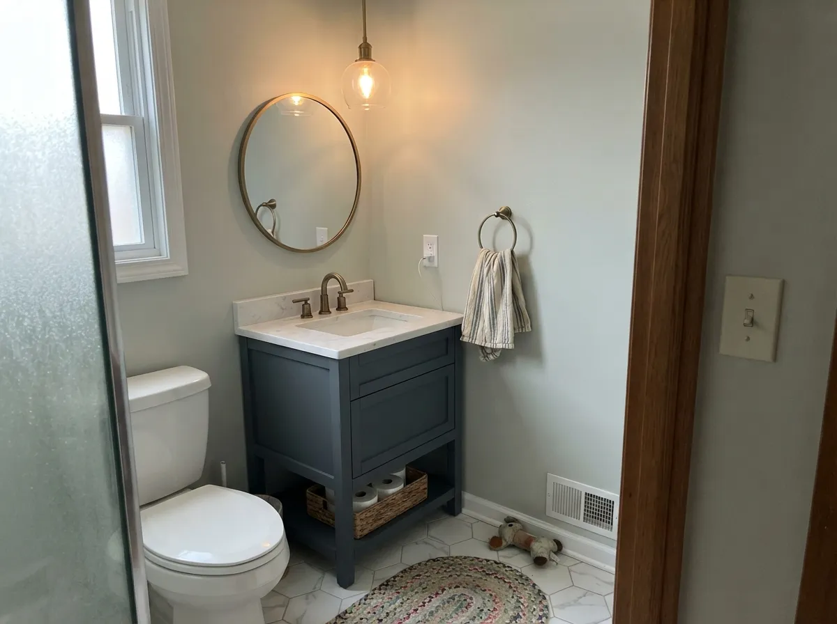In a small powder room the depth reads as a deliberate jewel-box choice, not a commitment to a whole dim house.
